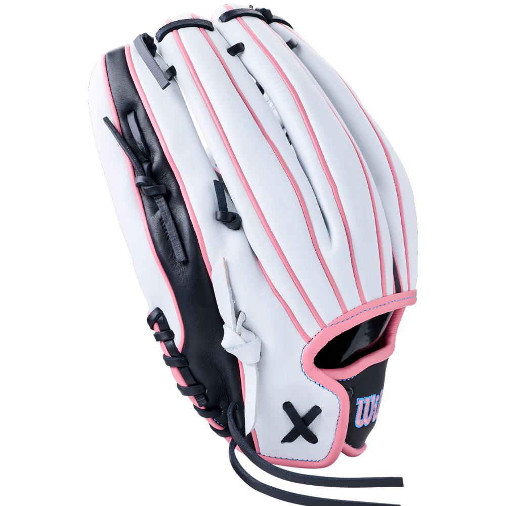 White, black, and pink Wilson A1000 T125 12.5″ Fastpitch Glove: WBG03501RTT125 featuring an X-shaped lace detail on the thumb.