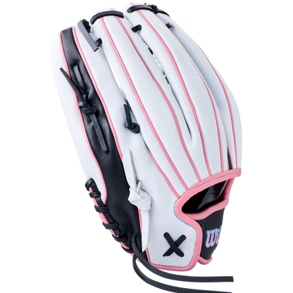White, black, and pink Wilson A1000 T125 12.5″ Fastpitch Glove: WBG03501RTT125 featuring an X-shaped lace detail on the thumb.