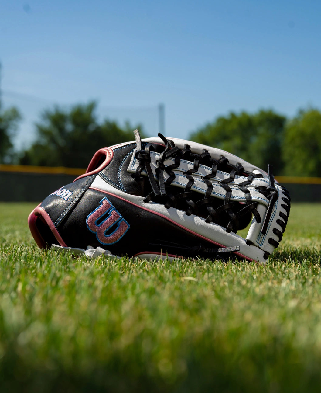 A black and white Wilson A1000 T125 12.5″ Fastpitch Glove: WBG03501RTT125 with pink accents resting on a grass field.