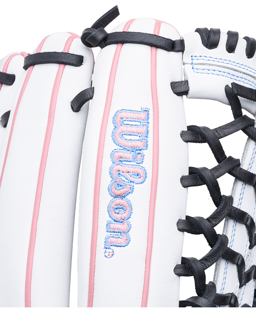 Wilson A1000 T125 12.5″ Fastpitch Glove in white with black lacing, pink piping, and a blue and pink embroidered logo on the back.