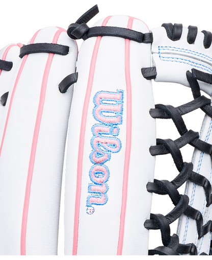 Wilson A1000 T125 12.5″ Fastpitch Glove in white with black lacing, pink piping, and a blue and pink embroidered logo on the back.