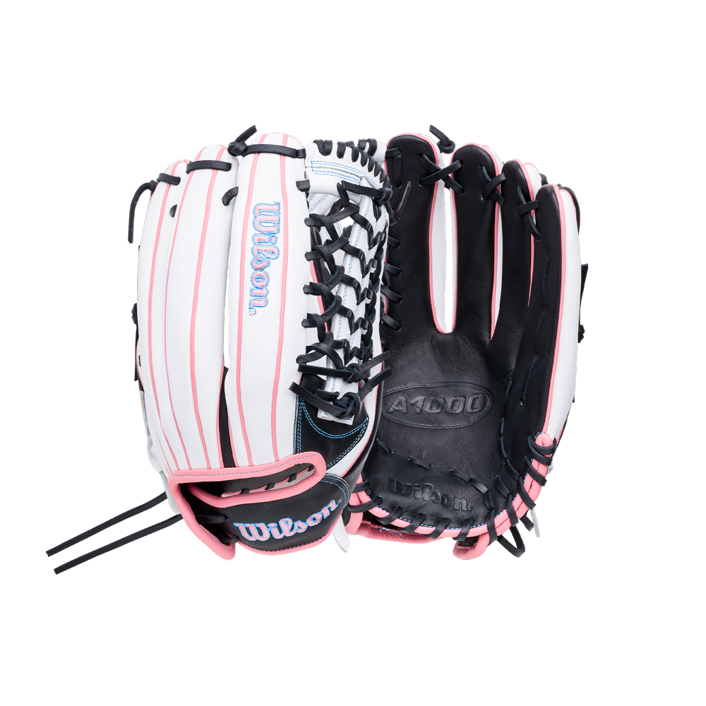 A white and black Wilson A1000 T125 12.5″ Fastpitch Glove: WBG03501RTT125, featuring pink accents and full grain leather.