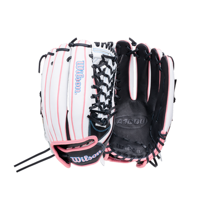 A white and black Wilson A1000 T125 12.5″ Fastpitch Glove: WBG03501RTT125, featuring pink accents and full grain leather.