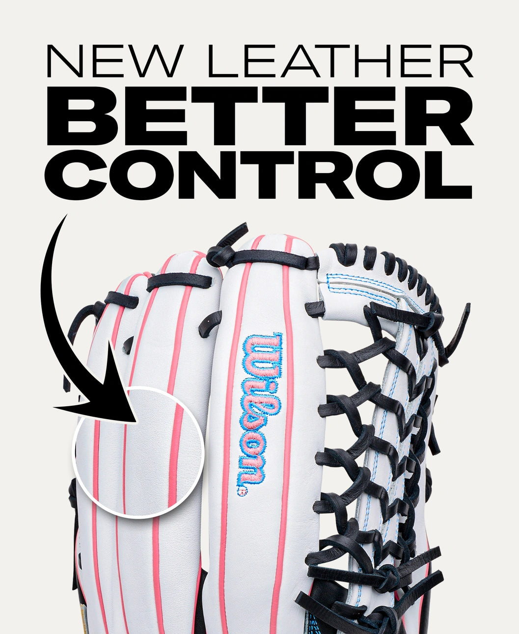 A white Wilson A1000 T125 12.5″ Fastpitch Glove with pink accents and a black web, featuring a callout circle and the text NEW LEATHER BETTER CONTROL.