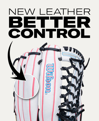 A white Wilson A1000 T125 12.5″ Fastpitch Glove with pink accents and a black web, featuring a callout circle and the text NEW LEATHER BETTER CONTROL.