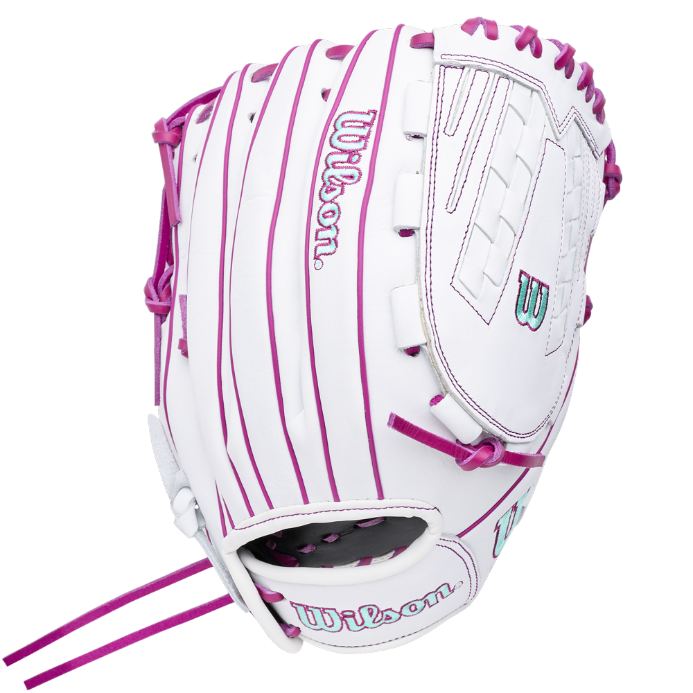Wilson A1000 V125 12.5″ Fastpitch Glove in white with pink lacing and teal accents.