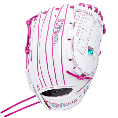 Wilson A1000 V125 12.5″ Fastpitch Glove in white with pink lacing and teal accents.