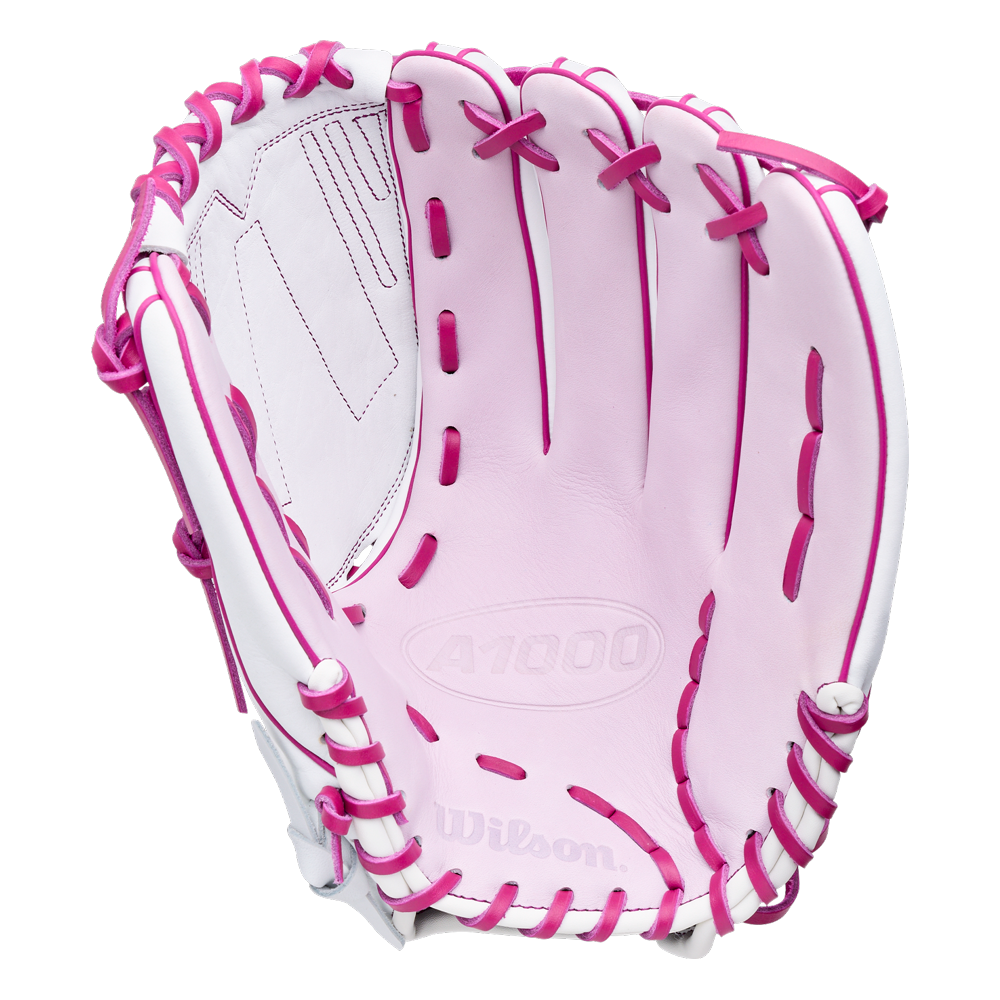 A light pink Wilson A1000 V125 12.5″ Fastpitch Glove: WBG03601RTV125 with bright pink lacing.
