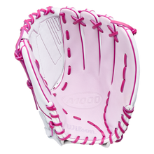 A light pink Wilson A1000 V125 12.5″ Fastpitch Glove: WBG03601RTV125 with bright pink lacing.