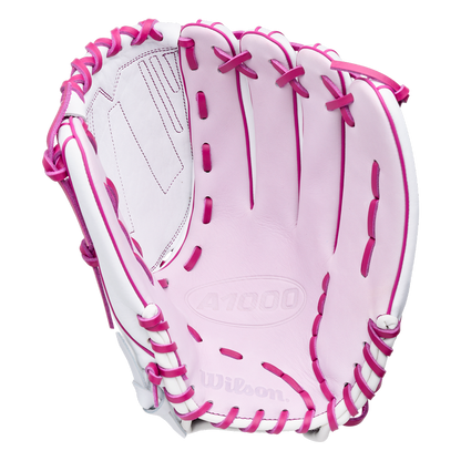 A light pink Wilson A1000 V125 12.5″ Fastpitch Glove: WBG03601RTV125 with bright pink lacing.