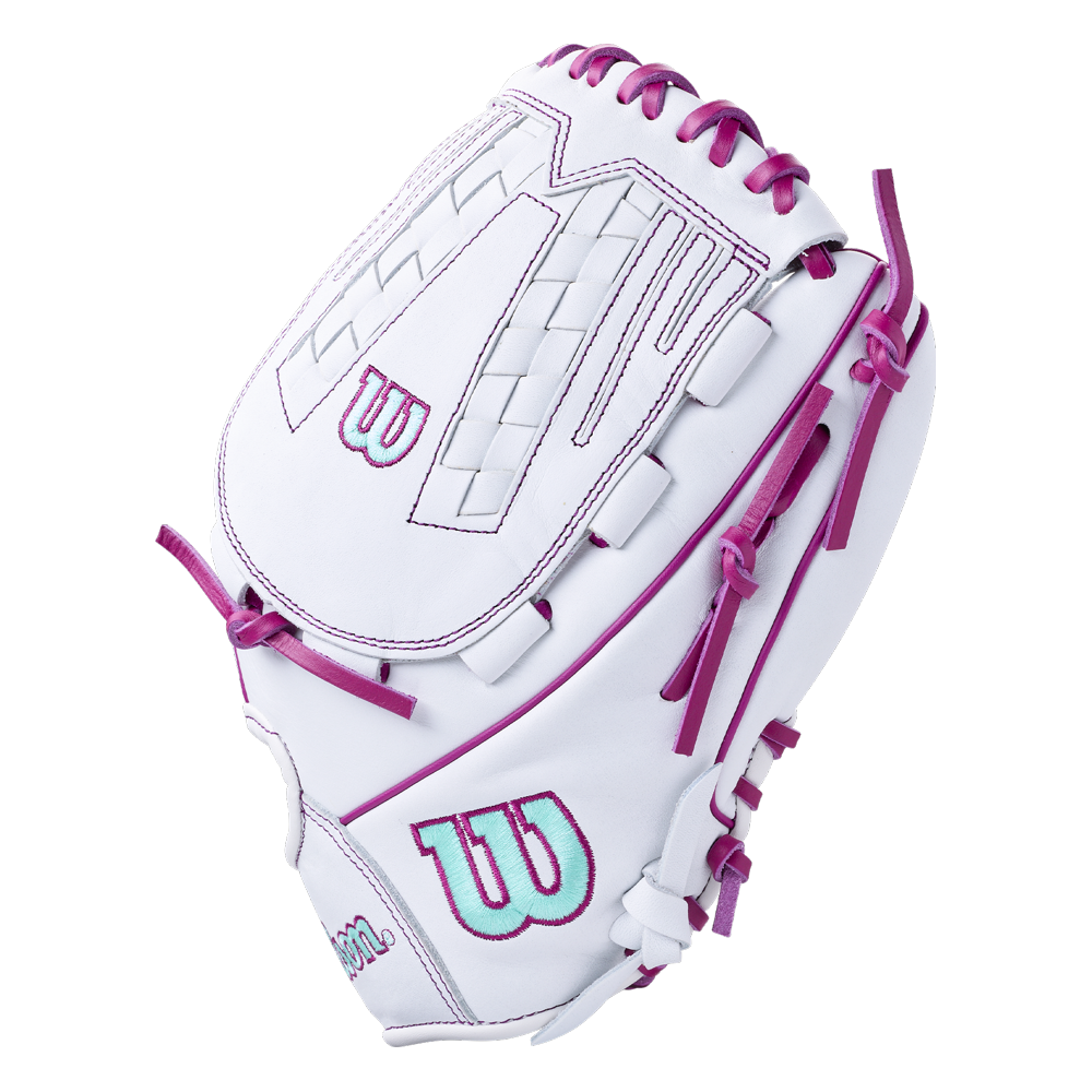 Wilson A1000 V125 12.5″ Fastpitch Glove in white with bright pink lacing and turquoise logo accents.