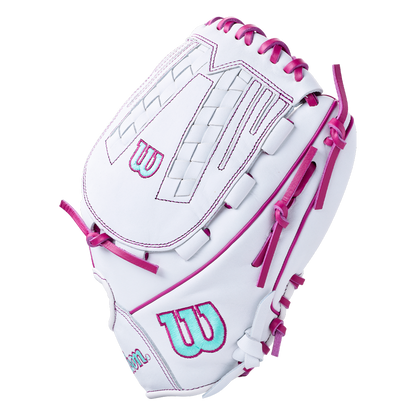Wilson A1000 V125 12.5″ Fastpitch Glove in white with bright pink lacing and turquoise logo accents.