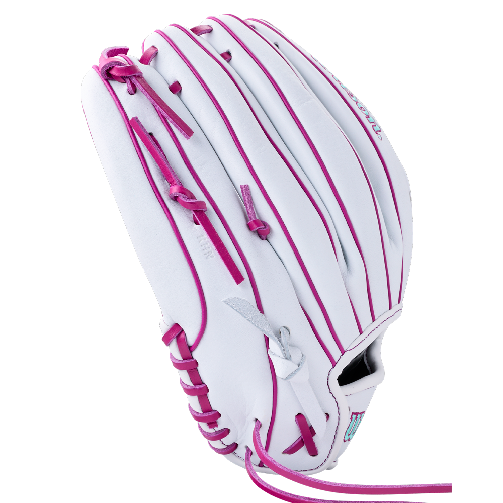 White 12.5″ Wilson A1000 V125 12.5″ Fastpitch Glove with pink lacing and stitching.
