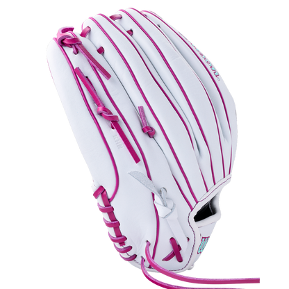 White 12.5″ Wilson A1000 V125 12.5″ Fastpitch Glove with pink lacing and stitching.