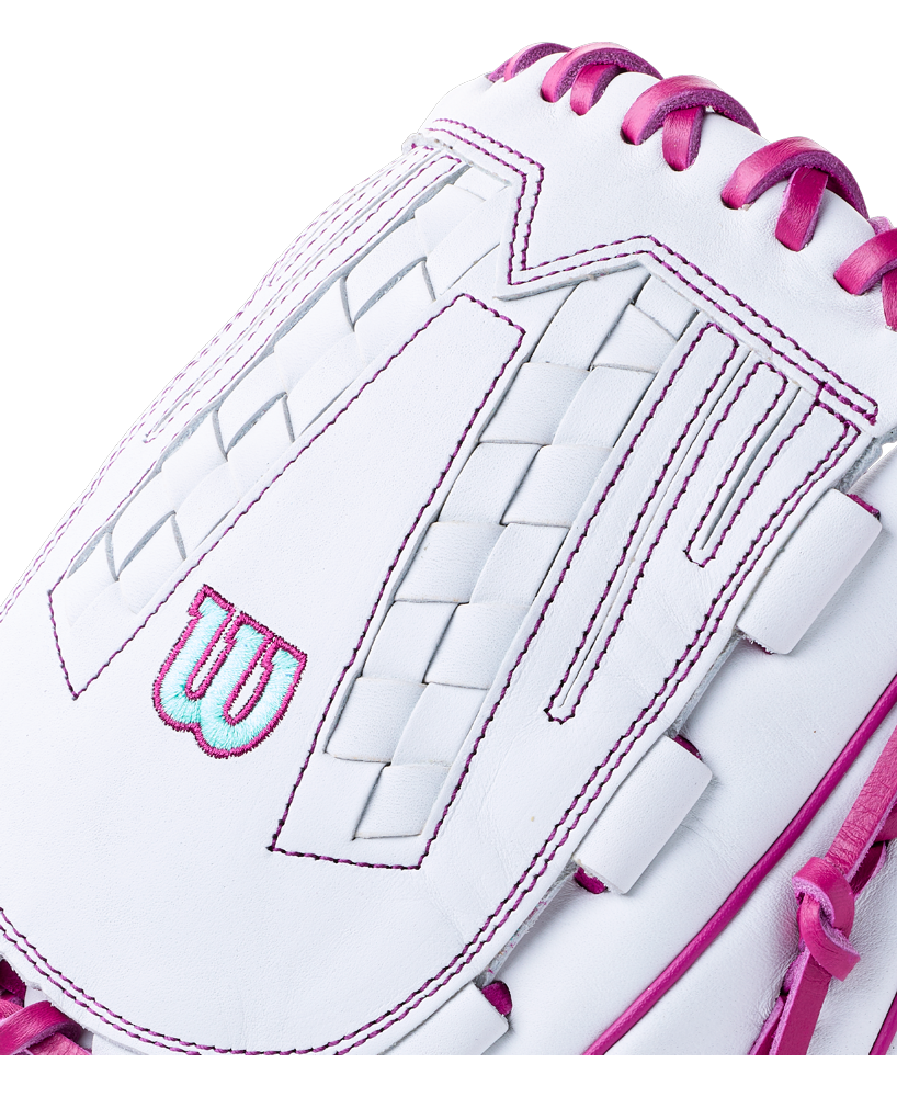 Close-up of a white Wilson A1000 V125 12.5″ Fastpitch Glove: WBG03601RTV125 featuring bright pink lacing and stitching.