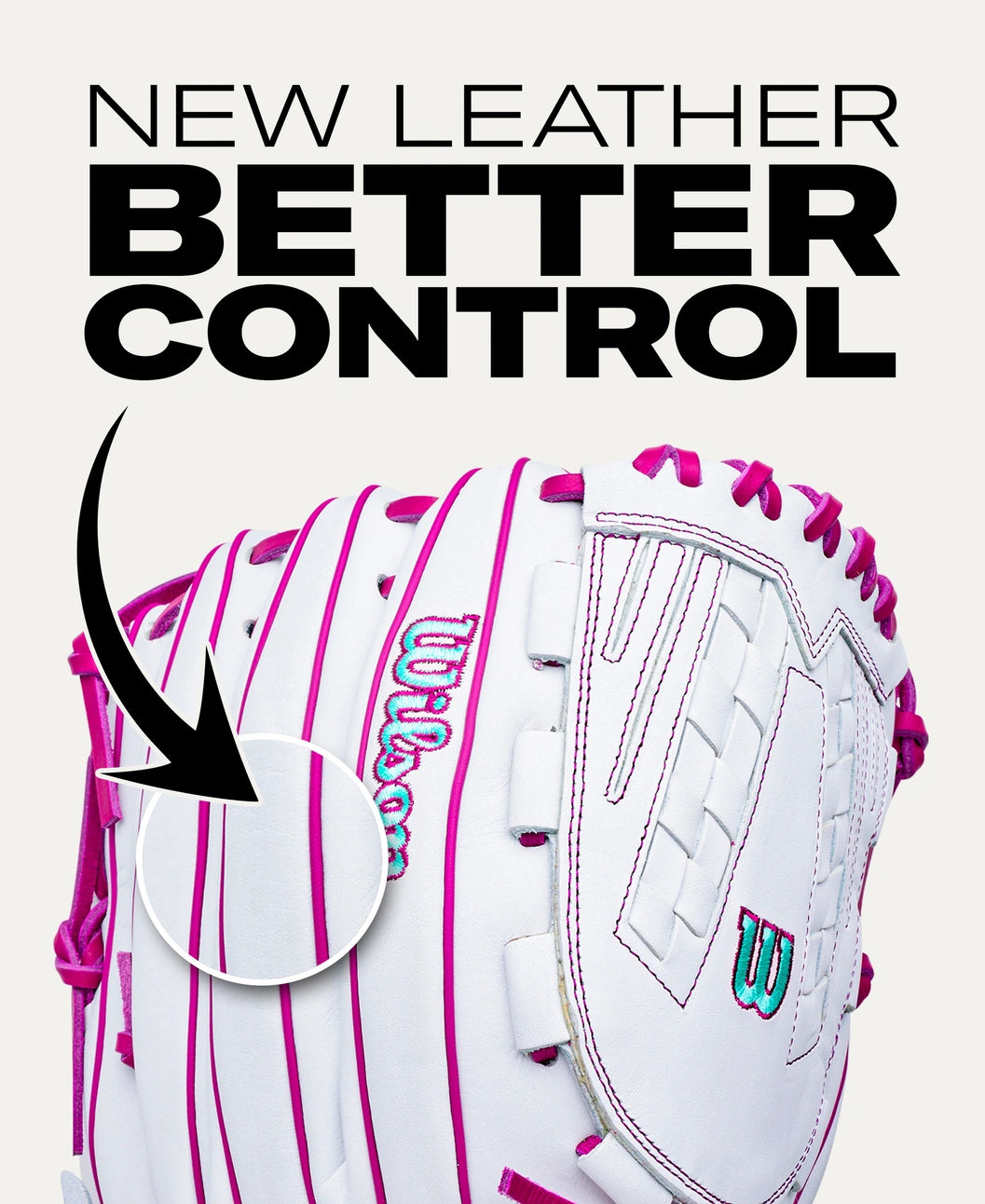 Wilson A1000 V125 12.5″ Fastpitch Glove in white with pink lacing and stitching, featuring the text NEW LEATHER BETTER CONTROL above an arrow pointing to a magnified section of the glove.