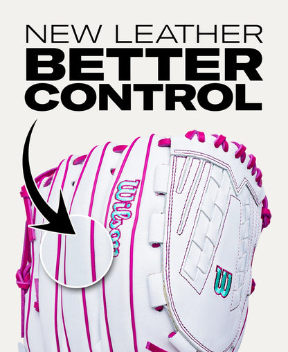 Wilson A1000 V125 12.5″ Fastpitch Glove in white with pink lacing and stitching, featuring the text NEW LEATHER BETTER CONTROL above an arrow pointing to a magnified section of the glove.