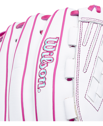Wilson A1000 V125 12.5″ Fastpitch Glove in white with pink lacing and stitching, featuring the brand name embroidered in pink and blue.