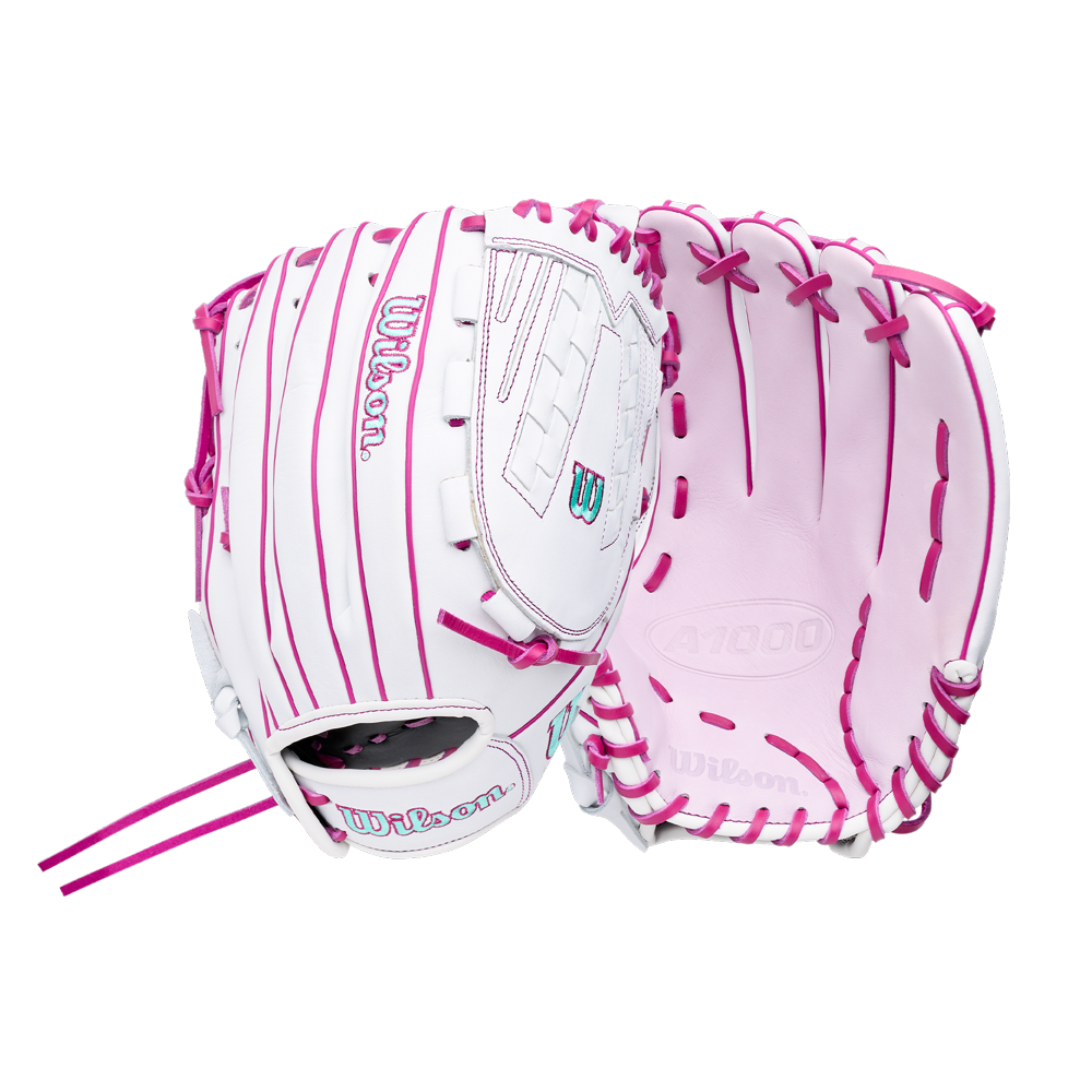 Wilson A1000 V125 12.5″ Fastpitch Glove in white and pink with pink lacing.