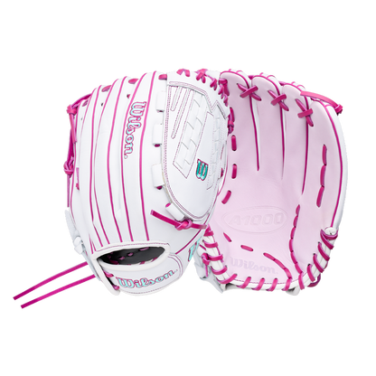 Wilson A1000 V125 12.5″ Fastpitch Glove in white and pink with pink lacing.