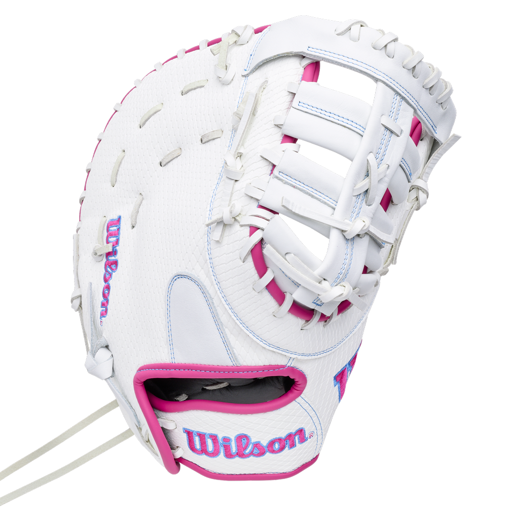 Wilson A1000 FP1620SS 12.5″ Fastpitch First Base Mitt in white with pink trim and white lacing.