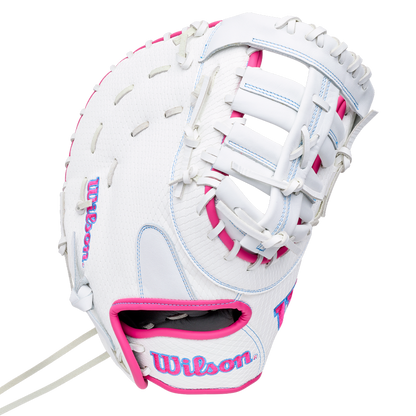 Wilson A1000 FP1620SS 12.5″ Fastpitch First Base Mitt in white with pink trim and white lacing.