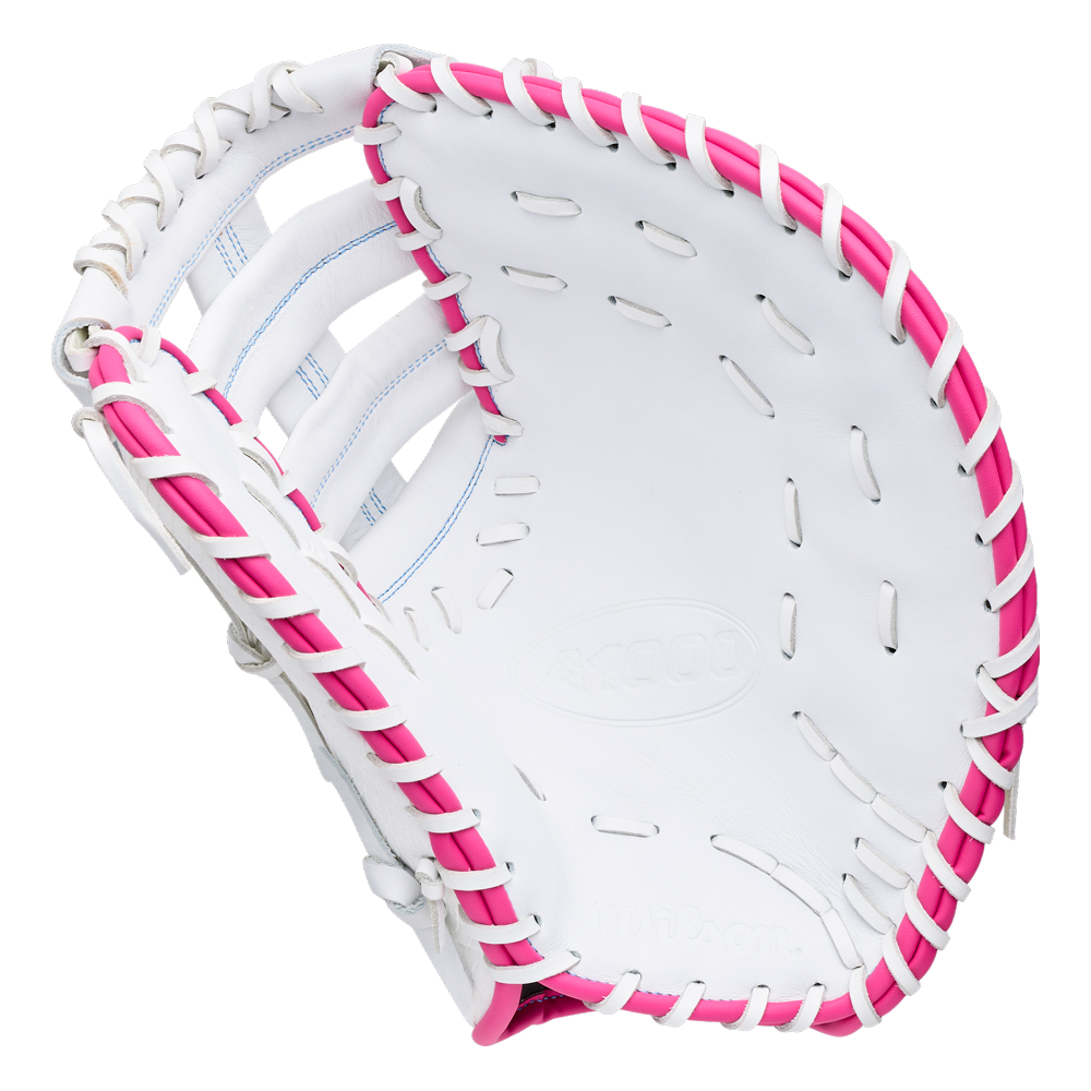 White Wilson A1000 FP1620SS 12.5″ Fastpitch First Base Mitt with bright pink lacing.