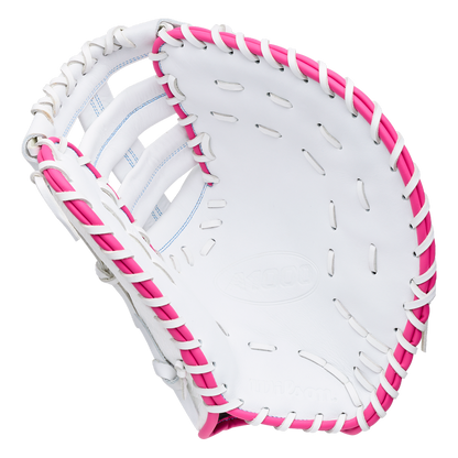 White Wilson A1000 FP1620SS 12.5″ Fastpitch First Base Mitt with bright pink lacing.