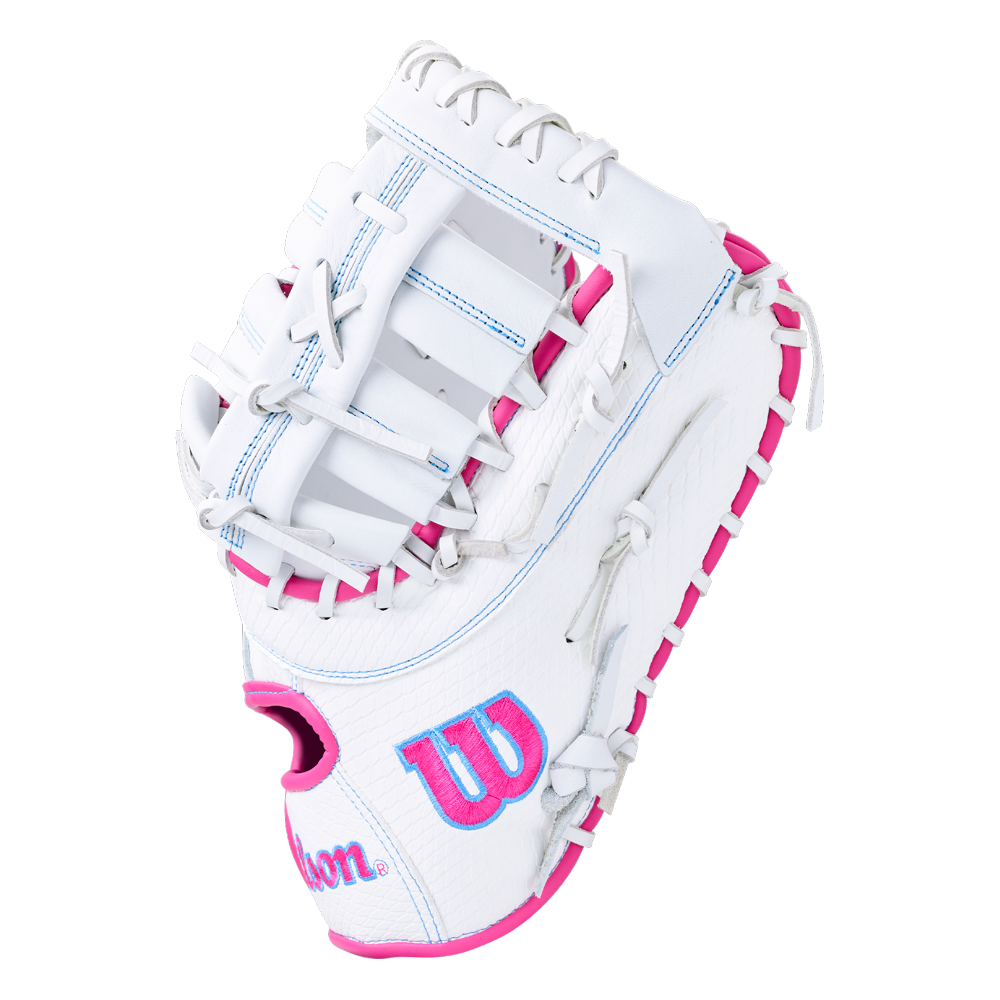 Wilson A1000 FP1620SS 12.5″ Fastpitch First Base Mitt in white with pink accents and white lacing.