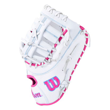 Wilson A1000 FP1620SS 12.5″ Fastpitch First Base Mitt in white with pink accents and white lacing.