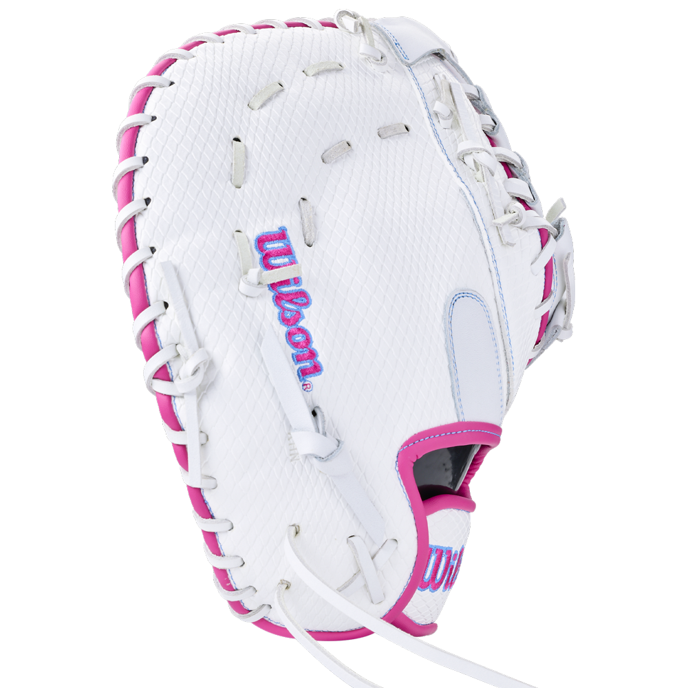 White Wilson A1000 FP1620SS 12.5″ Fastpitch First Base Mitt with pink lacing and blue embroidered logos.