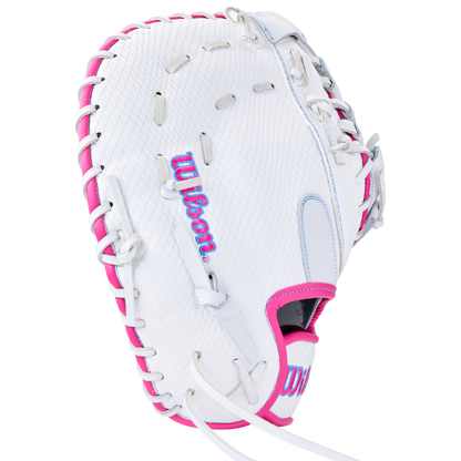 White Wilson A1000 FP1620SS 12.5″ Fastpitch First Base Mitt with pink lacing and blue embroidered logos.