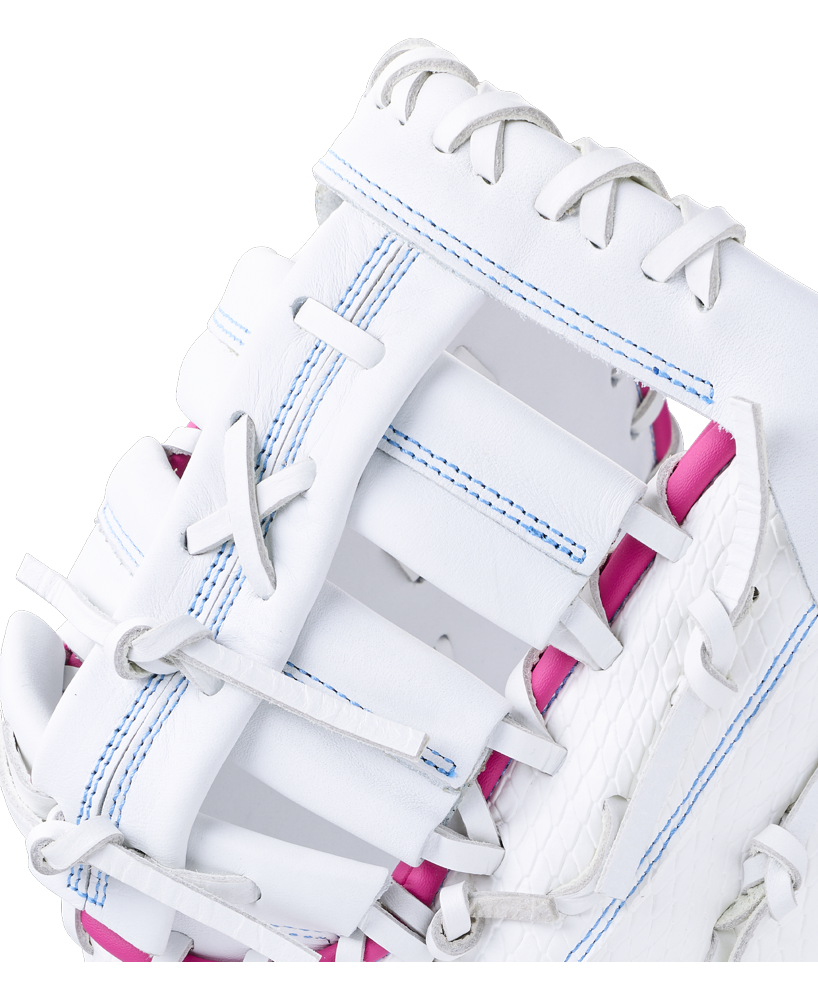 A white Wilson A1000 FP1620SS 12.5″ Fastpitch First Base Mitt with white lacing and bright pink trim along the webbing.