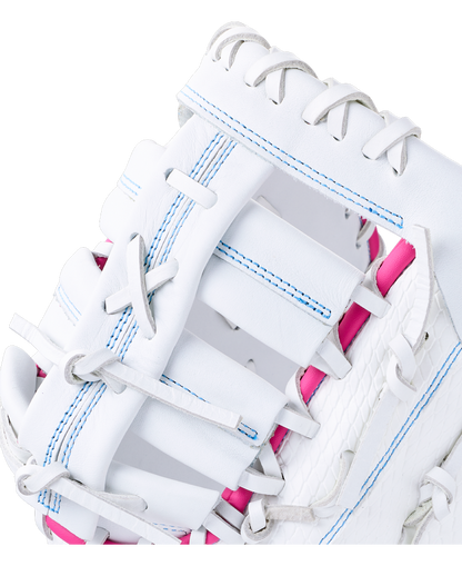 A white Wilson A1000 FP1620SS 12.5″ Fastpitch First Base Mitt with white lacing and bright pink trim along the webbing.