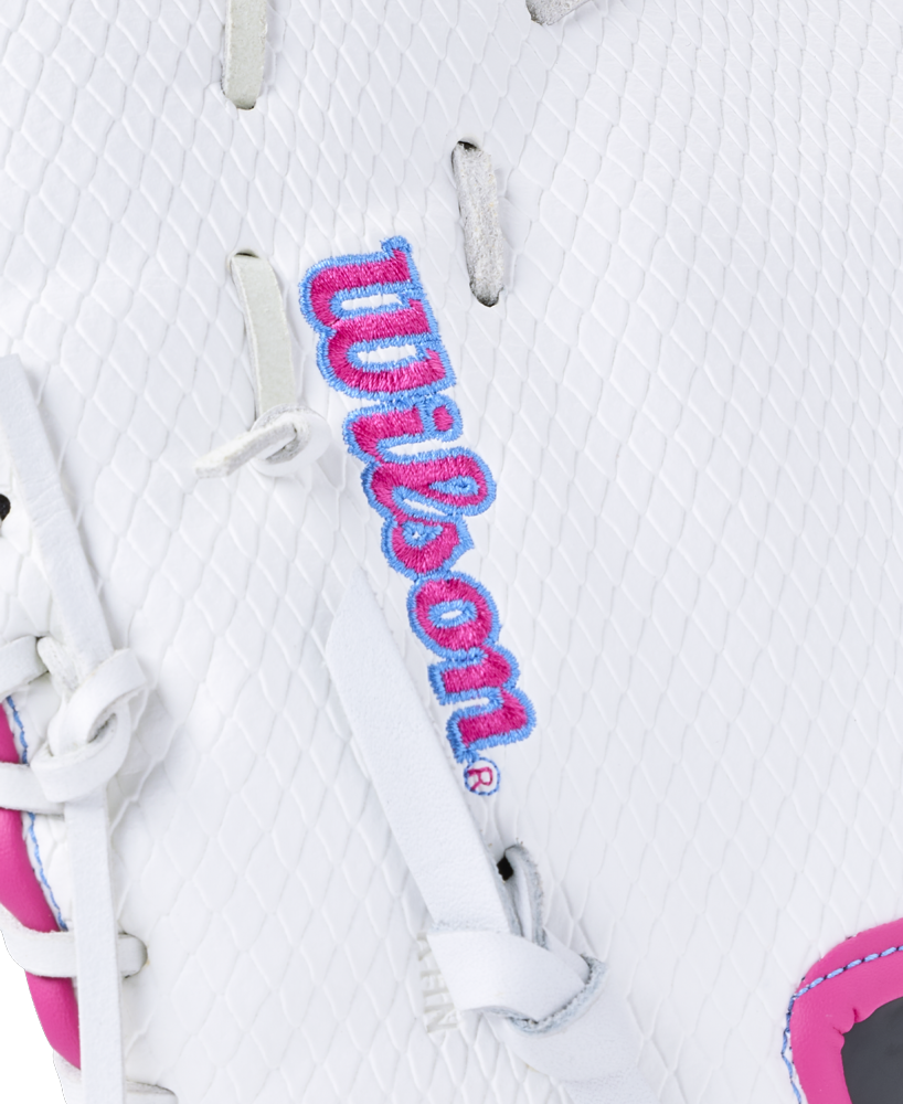 Close-up of a white Wilson A1000 FP1620SS 12.5″ Fastpitch First Base Mitt featuring blue and pink embroidered logo text.