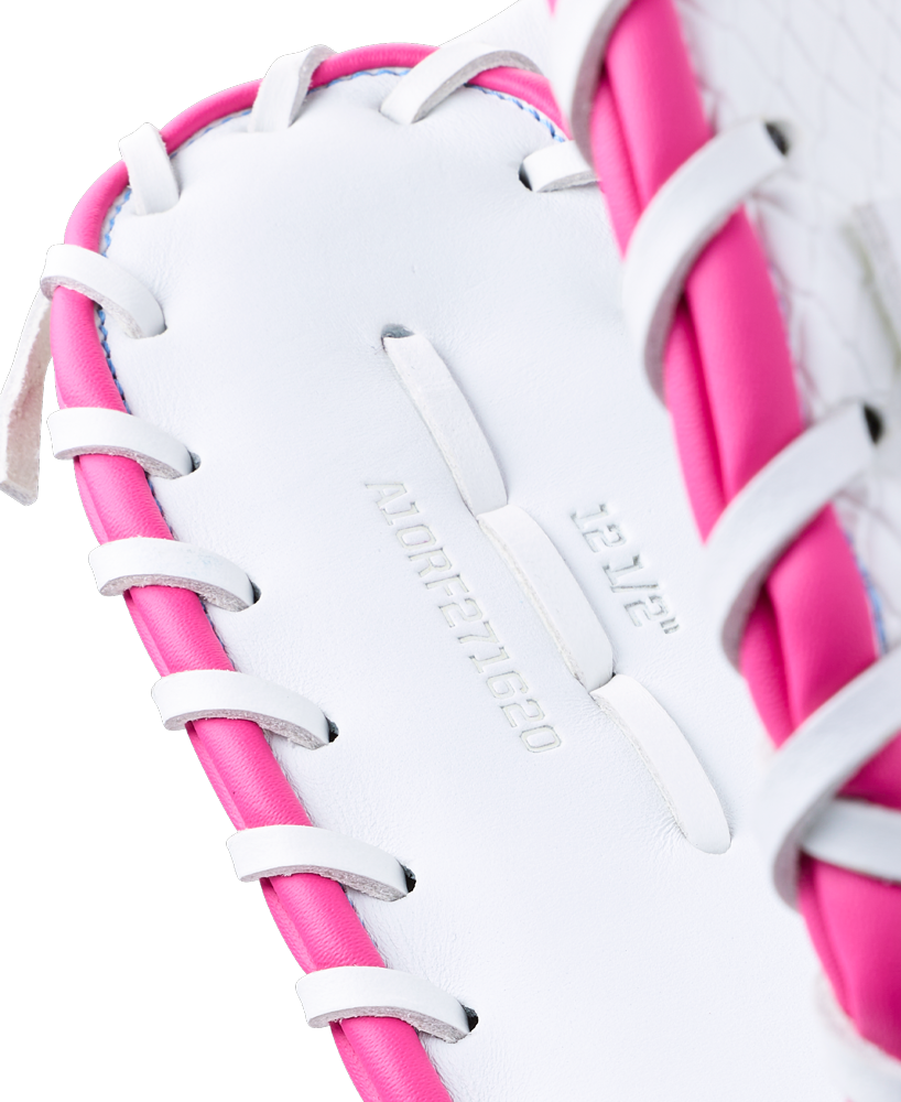Close-up of a white Wilson A1000 FP1620SS 12.5″ Fastpitch First Base Mitt with pink lacing, embossed with 12 1/2 and A10RF271620.