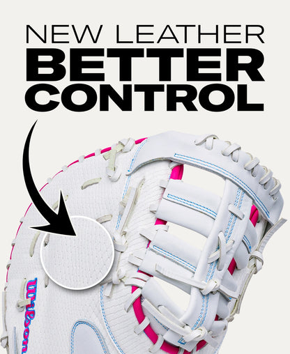 White and pink Wilson A1000 FP1620SS 12.5″ Fastpitch First Base Mitt with an arrow pointing to a magnified circular detail of the leather texture, under the text NEW LEATHER BETTER CONTROL.