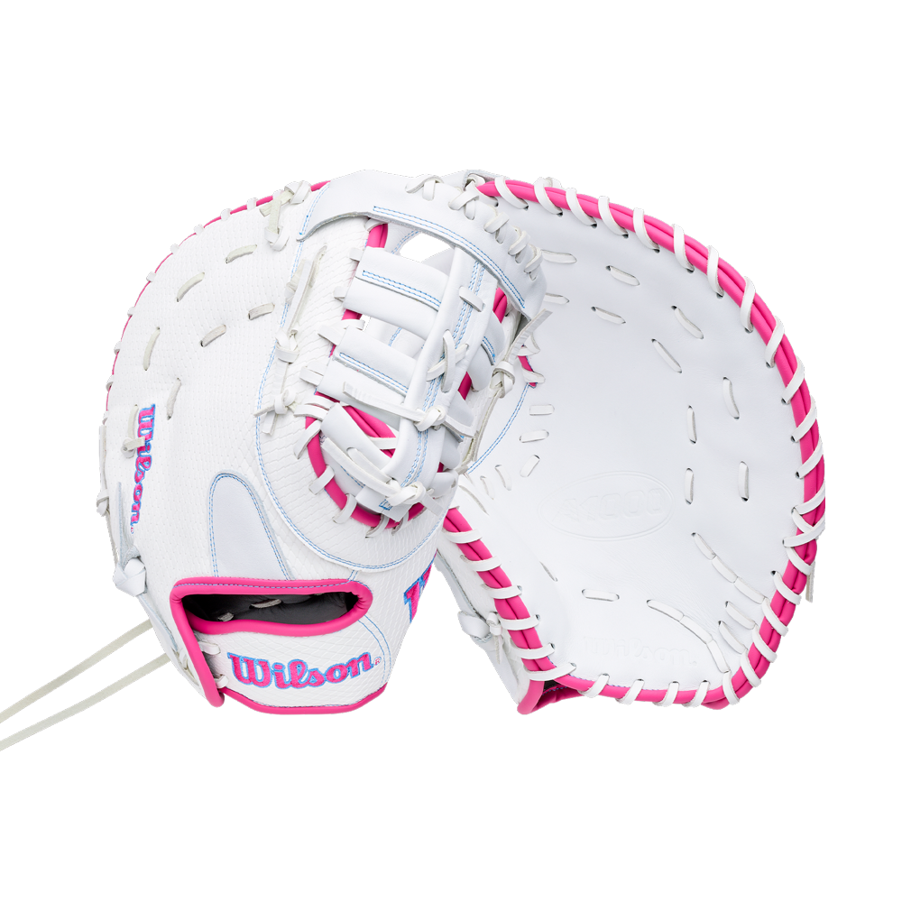Wilson A1000 FP1620SS 12.5″ Fastpitch First Base Mitt in white with pink lacing and blue and pink lettering.