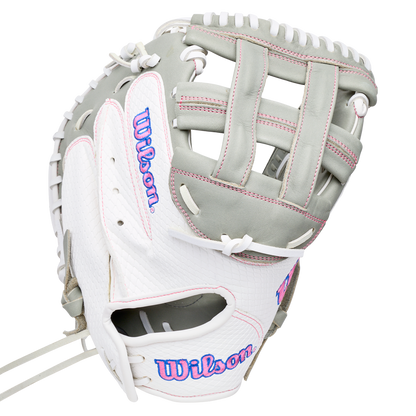 White and grey Wilson A1000 FPCM33 33″ Fastpitch Catcher’s Mitt with pink stitched accents.