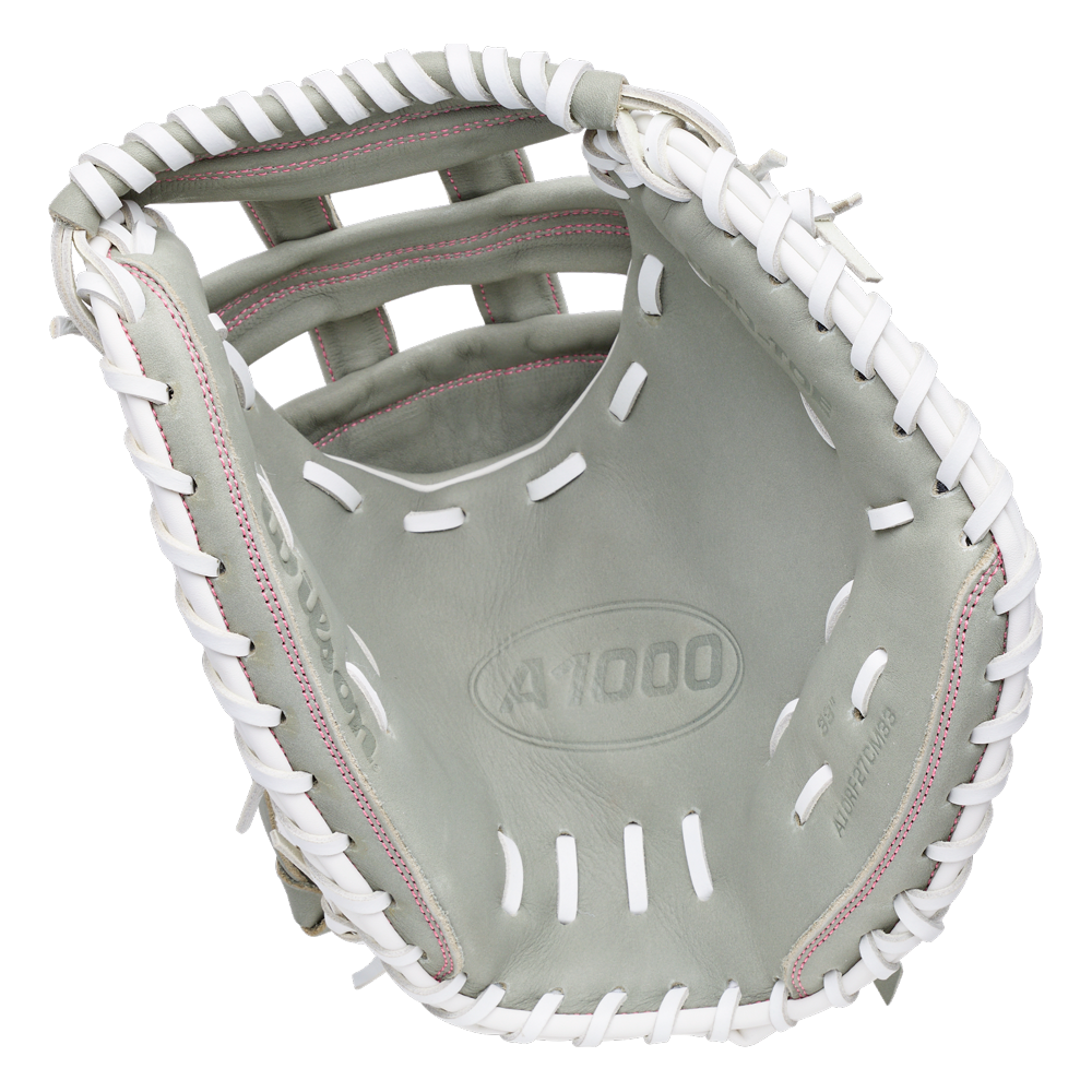 Gray Wilson A1000 FPCM33 33″ Fastpitch Catcher’s Mitt: WBG03801RTFC33 with white lacing and pink trim.