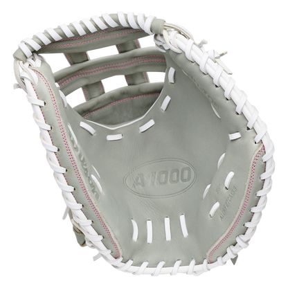Gray Wilson A1000 FPCM33 33″ Fastpitch Catcher’s Mitt: WBG03801RTFC33 with white lacing and pink trim.