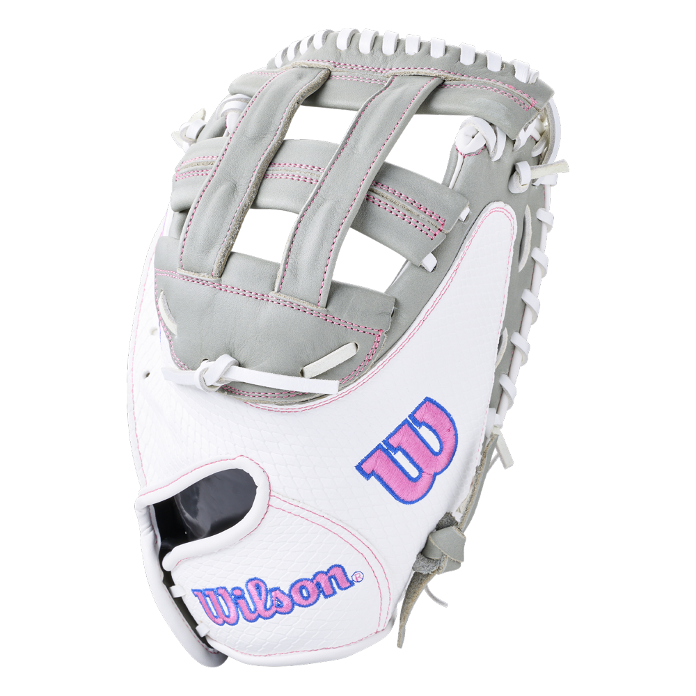Grey and white Wilson A1000 FPCM33 33″ Fastpitch Catcher’s Mitt with pink logos and white lacing.