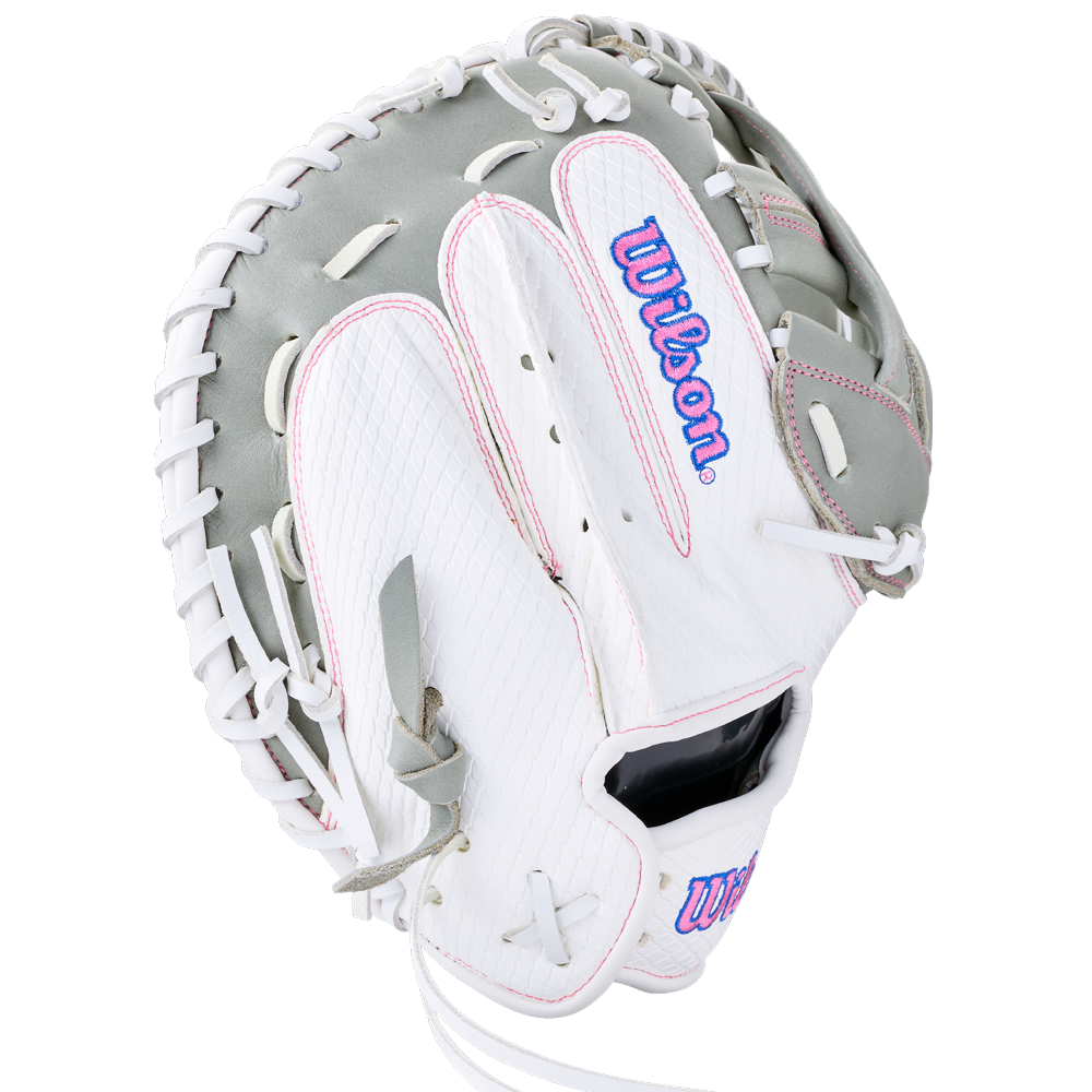 Wilson A1000 FPCM33 33″ Fastpitch Catcher’s Mitt in white and gray with pink stitching and logo accents.