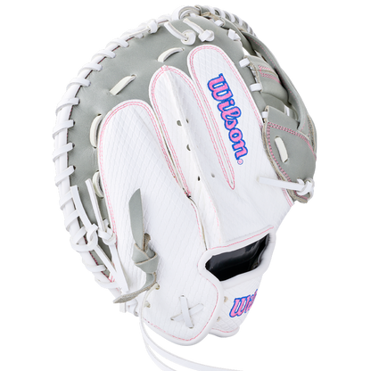 Wilson A1000 FPCM33 33″ Fastpitch Catcher’s Mitt in white and gray with pink stitching and logo accents.