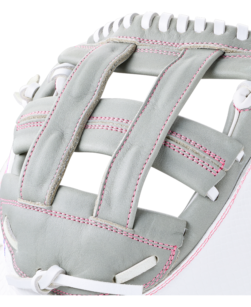 Close-up of a grey Wilson A1000 FPCM33 33″ Fastpitch Catcher’s Mitt with pink stitching and white lacing detail on the web.