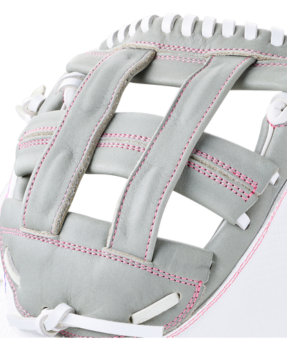 Close-up of a grey Wilson A1000 FPCM33 33″ Fastpitch Catcher’s Mitt with pink stitching and white lacing detail on the web.