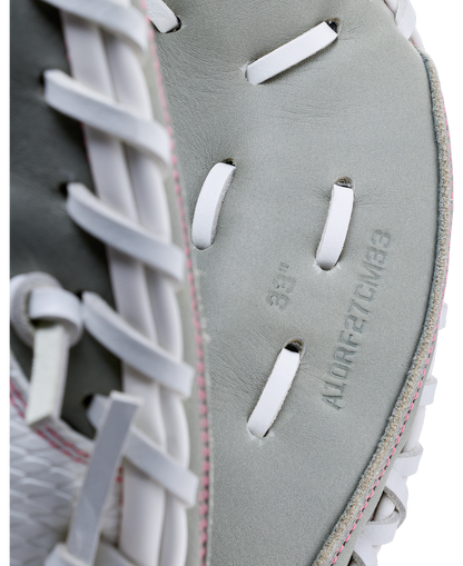 Close-up of a grey Wilson A1000 FPCM33 33″ Fastpitch Catcher’s Mitt with white lacing, featuring stamped text reading 33 inch and A10RF27CM33.