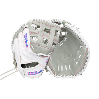 Grey and white Wilson A1000 FPCM33 33″ Fastpitch Catcher’s Mitt: WBG03801RTFC33 with white lacing and pink detailing.
