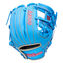Light blue Wilson A900 11.25″ Baseball Glove: WBG03901RT1125 with white piping and red lettering.