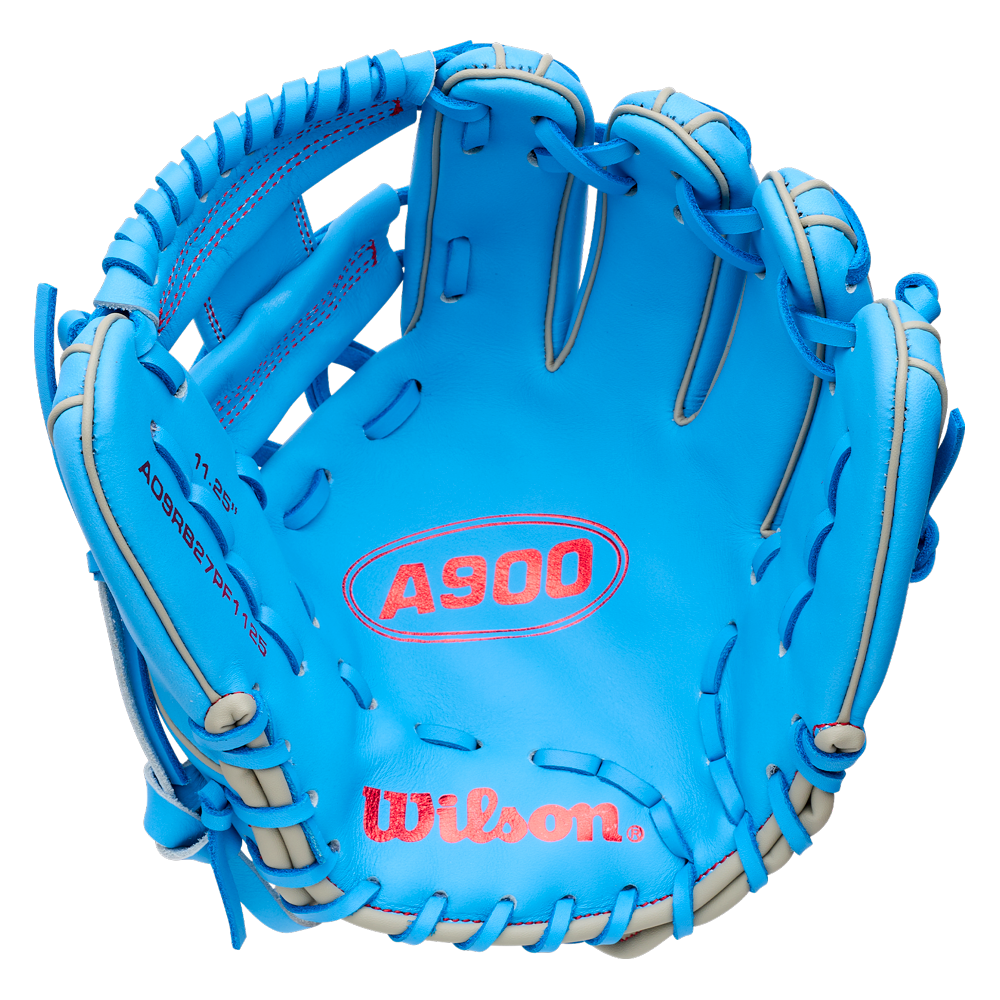 Bright blue Wilson A900 11.25″ Baseball Glove: WBG03901RT1125 with grey lacing and embossed branding.